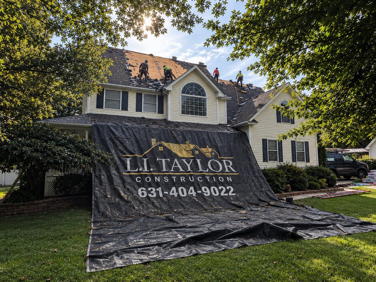 L.I. Taylor Construction crew tearing off an old roof on a Long Island colonial, with the company tarp protecting the landscaping