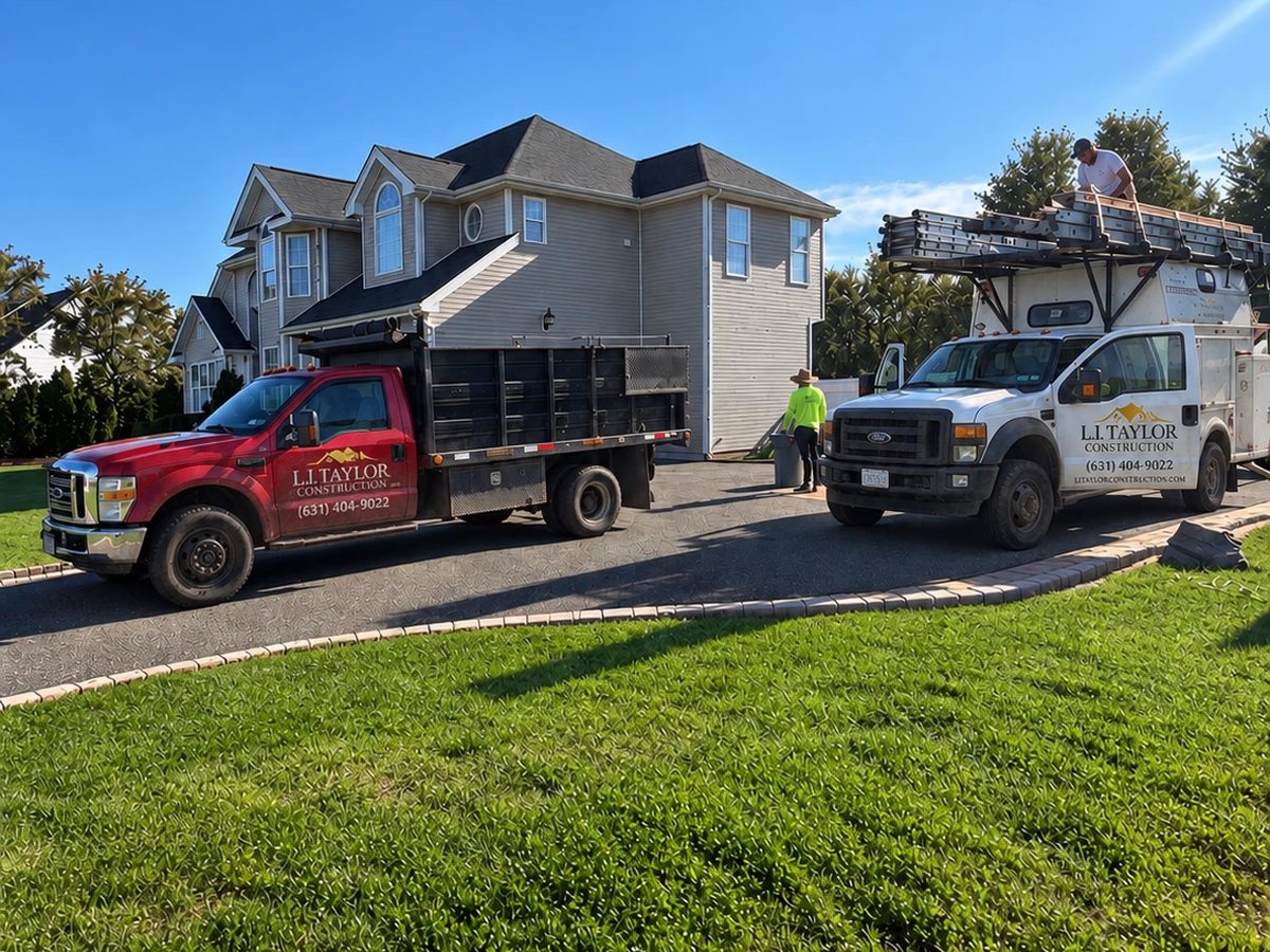 Two L.I. Taylor Construction trucks in the driveway of the Miller Place colonial, with a crew member loading ladders onto the rack