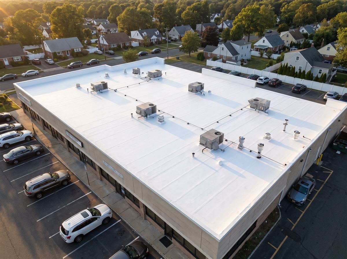 White TPO membrane roof on a low-rise commercial building