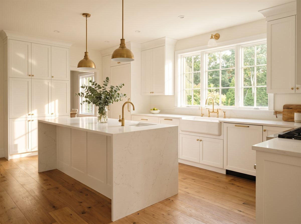 Wide-plank oak flooring in a bright kitchen